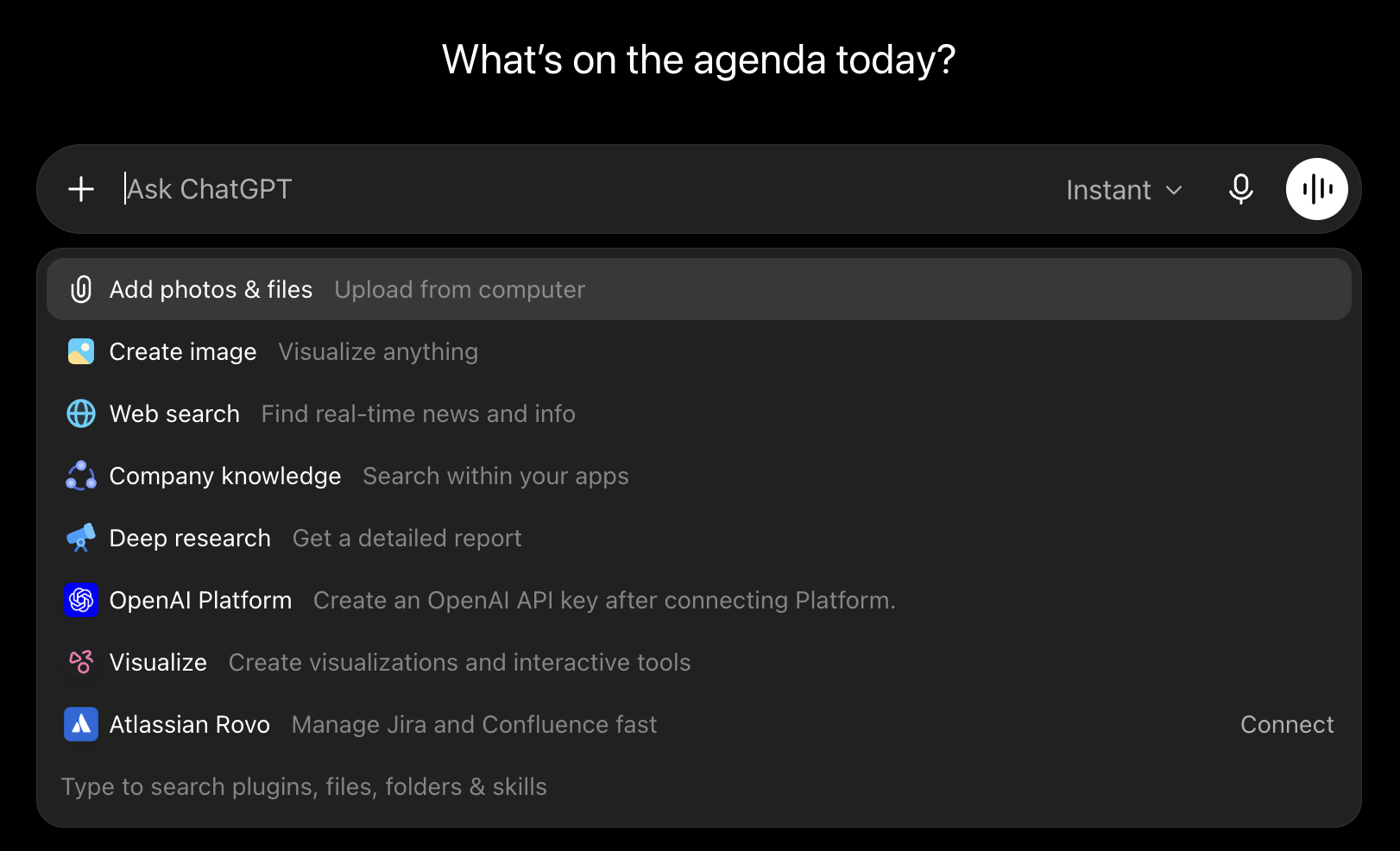 Screenshot of the ChatGPT composer's plus-button menu, with the "Web search" option listed alongside Create image, Company knowledge, and Deep research — the manual way a user forces the web search tool.