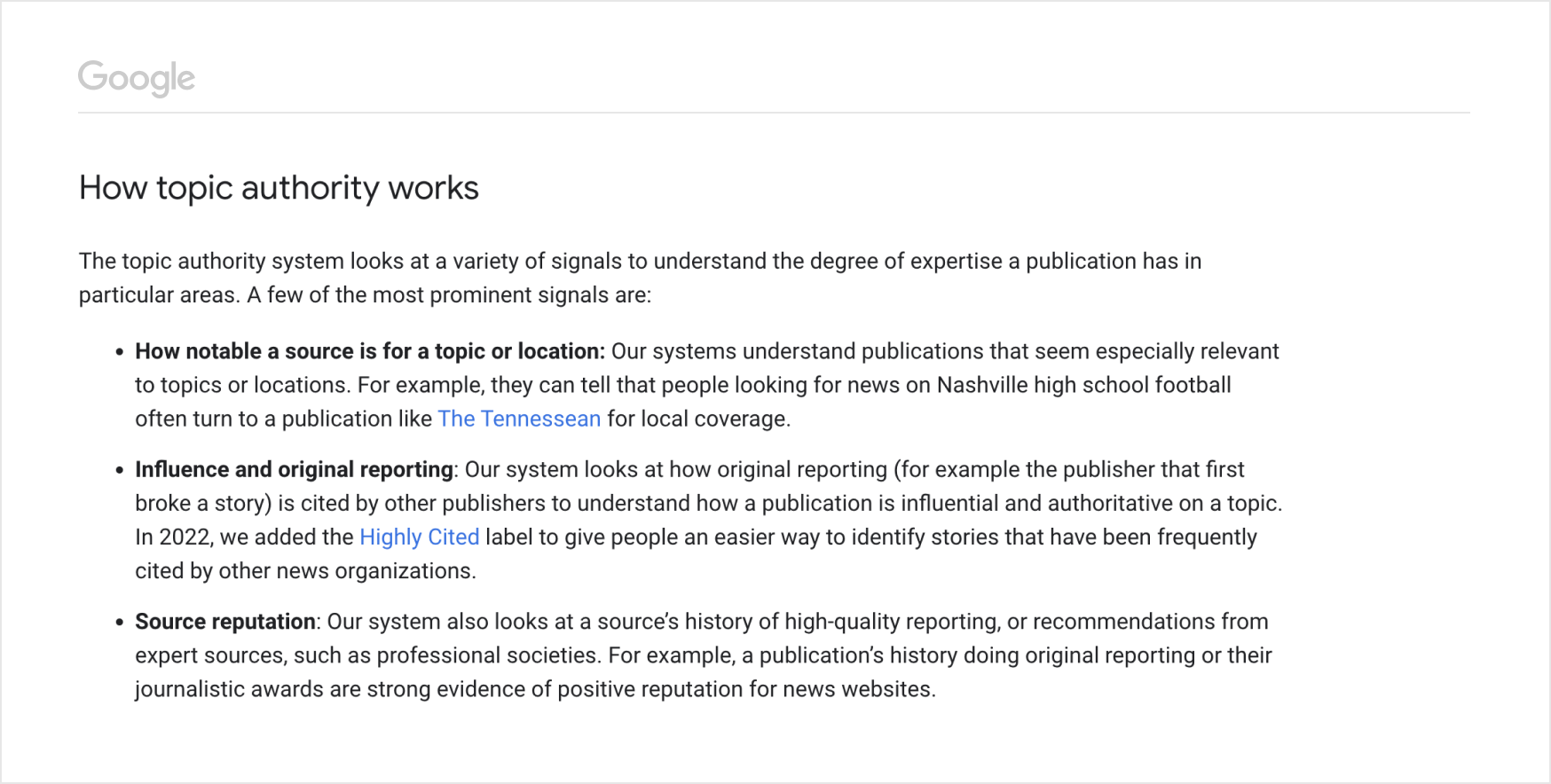 Google Search Central screenshot describing topical authority
